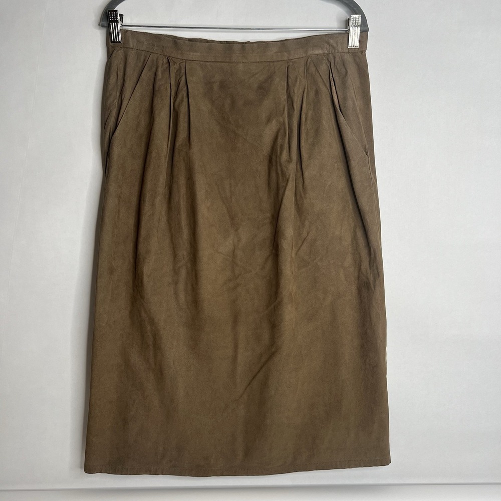Vtg David Brooks Pleated Midi Faux Suede Tan Brown Skirt Size 8 Workwear